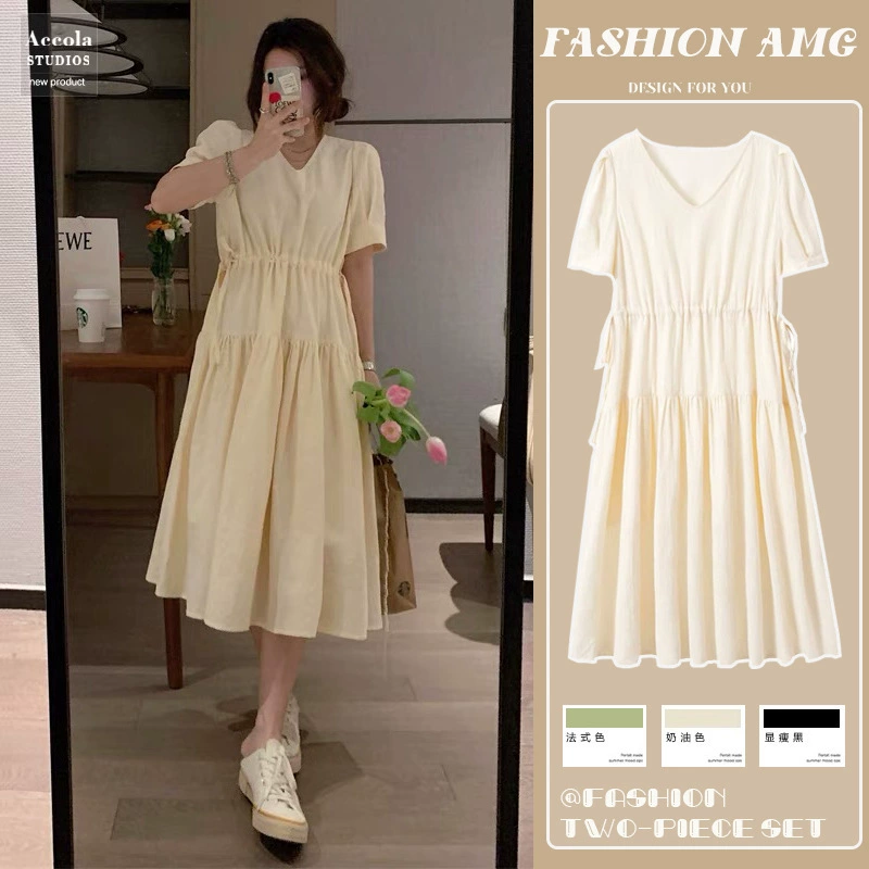 Пятно # летние платья для беременных 2024 новый французский сладкий V-образный вырез свободная чайная юбка-перерыв средняя длинная летняя