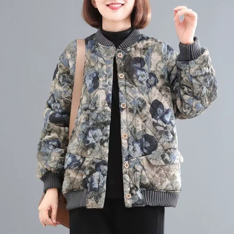 2024 осень и зима ретро большой размер хлопчатобумажная толстая хлопчатобумажная куртка женская средняя и пожилая женщина мама костюм хлопчатобумажная куртка