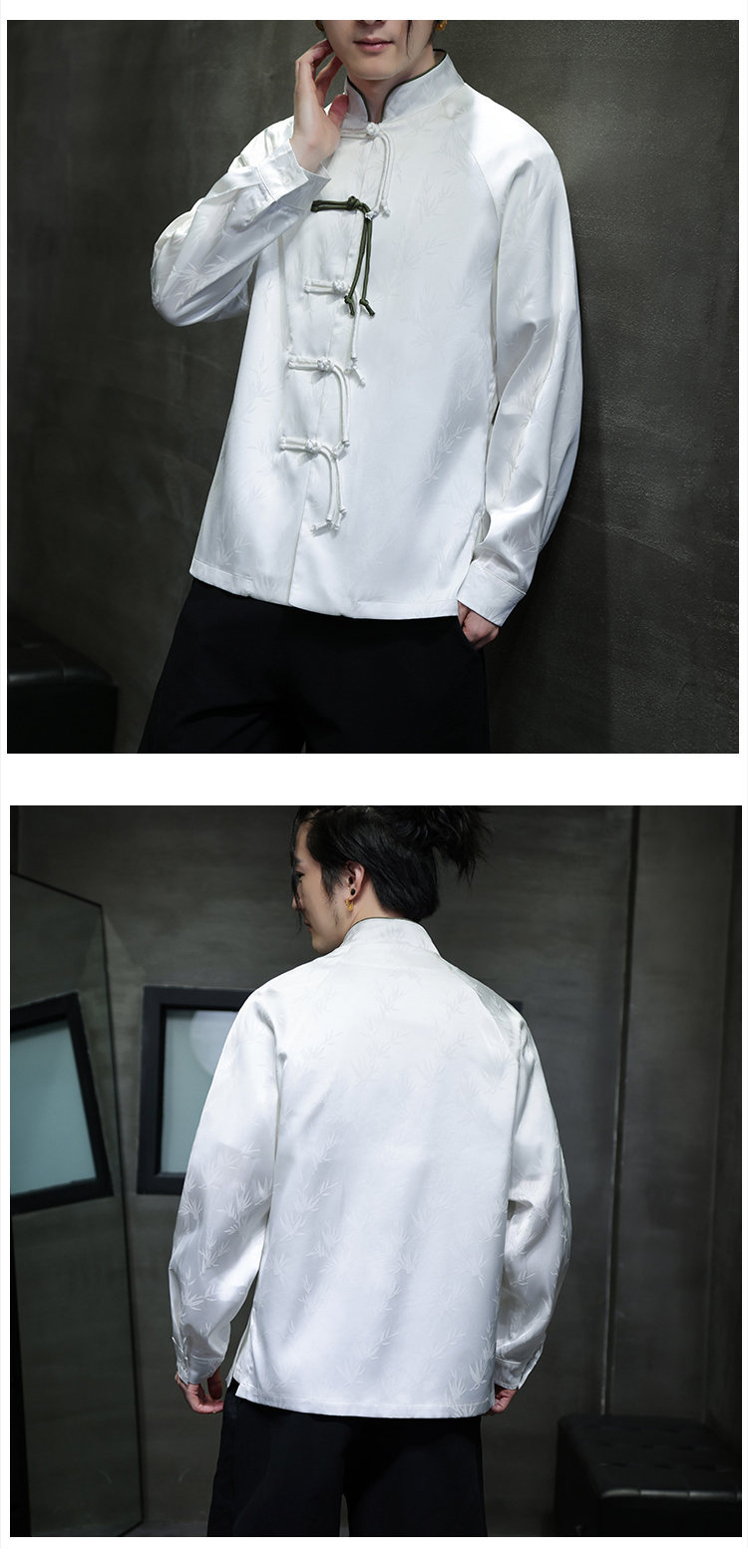 Black Hole Scenery Spring/Summer New Product Chinese Style Bamboo Leaf Silk Jacquard Long sleeved Shirt Button Standing_vogarts.com