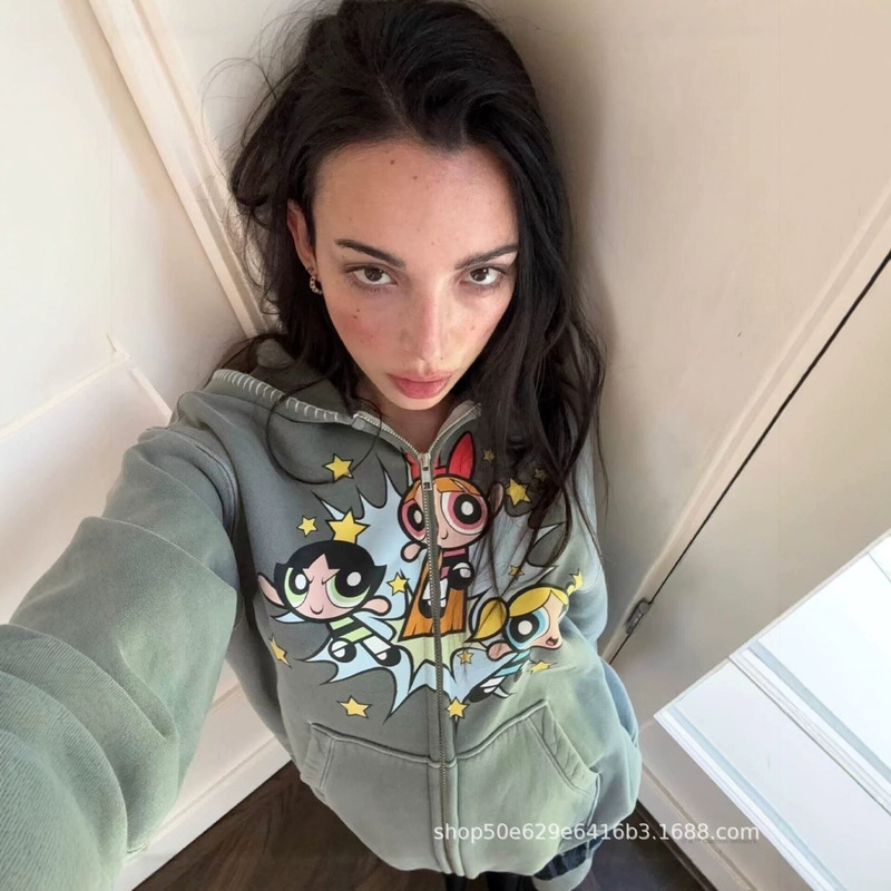 Powerpuff Girls Printed Zipper Hoodie for Women, New Autumn/Winter Loose Casual Jacket, Gray Long Sleeve Top Powerpuff Girls Printed Zipper Hoodie for Women, New Autumn/Winter Loose Casual Jacket, Gray Long Sleeve Top