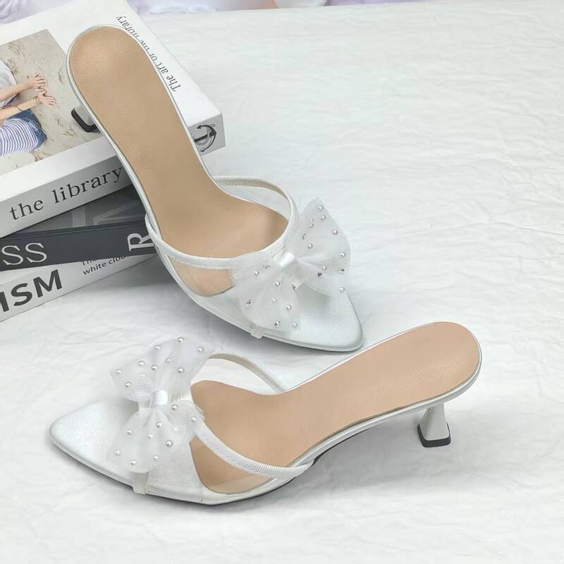 Small Rhinestone Sandals for Women, Summer 2023 New Korean Style, Fairy-Like Sweet Bowknot Half-Slip High Heel Thin Heel Slide Sandals Small Rhinestone Sandals for Women, Summer 2023 New Korean Style, Fairy-Like Sweet Bowknot Half-Slip High Heel Thin Heel Slide Sandals