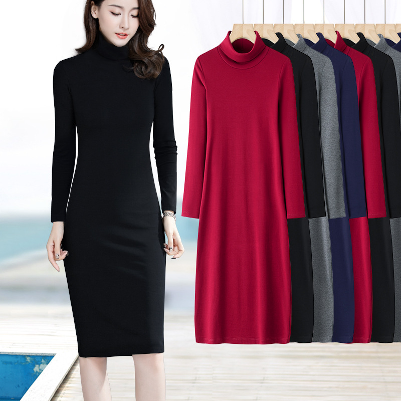 Threaded black long sleeve base skirt tight high collar dress spring 2024 new mid-length skirt women's clothing