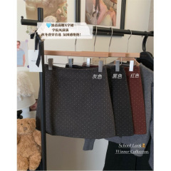 灰色波点毛呢辣妹半身裙女秋冬简约百搭高腰a字裙防走光显瘦短裙