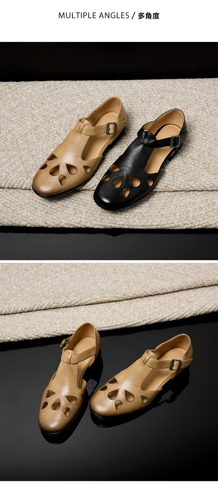 Sandal nữ da bò đục lỗ quai chữ T cổ điển, mũi kín gót bệt — màu nâu chi tiết 17