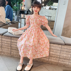 女童夏季連衣裙全棉裙碎花泡泡袖法式森林油畫風甜美純棉布小學潮