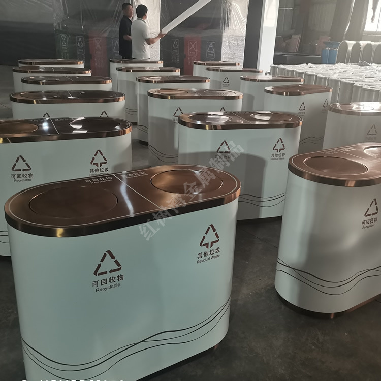 专业生产电镀不锈钢分类垃圾箱室内商场商用金属带盖果皮箱厂家
