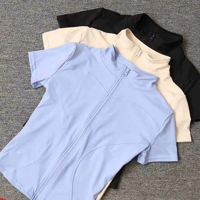 Одежда для йоги, женская обтягивающая футболка, спортивная футболка с короткими рукавами для бега, тренировки, пилатеса, воротник-стойка, молния, одежда для фитнеса, куртка, осень