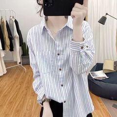 韩国纯棉提花条纹长袖衬衫女全棉秋季新款宽松上衣显瘦打底衫衬衣