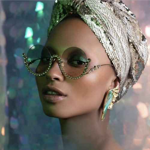 Round diamond-encrusted metal sunglasses  new half-frame sunglasses cross-border European and American gorgeous gradient sunglasses trend