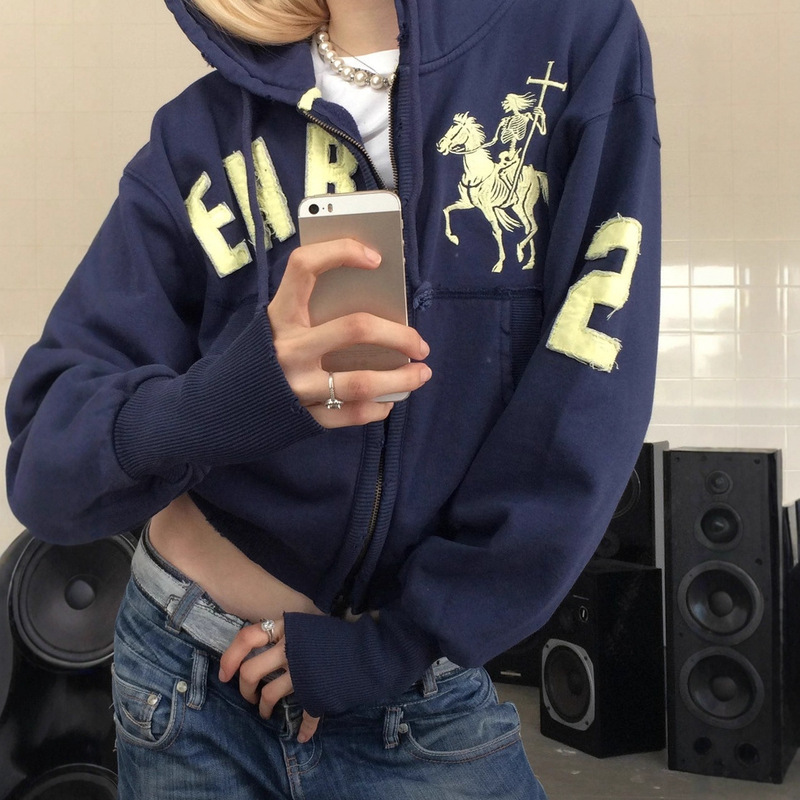 New Style Ins-Style Loose Zipper Cardigan Trendy Fashion Personality Knight Letter 3D Print Pocket Hooded Sweatshirt