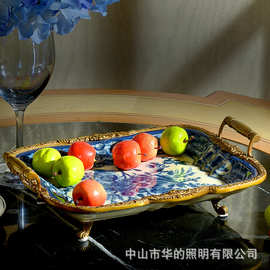 美式欧式新古典创意装饰客厅青花瓷镶铜高档水果盘家居装饰品摆件