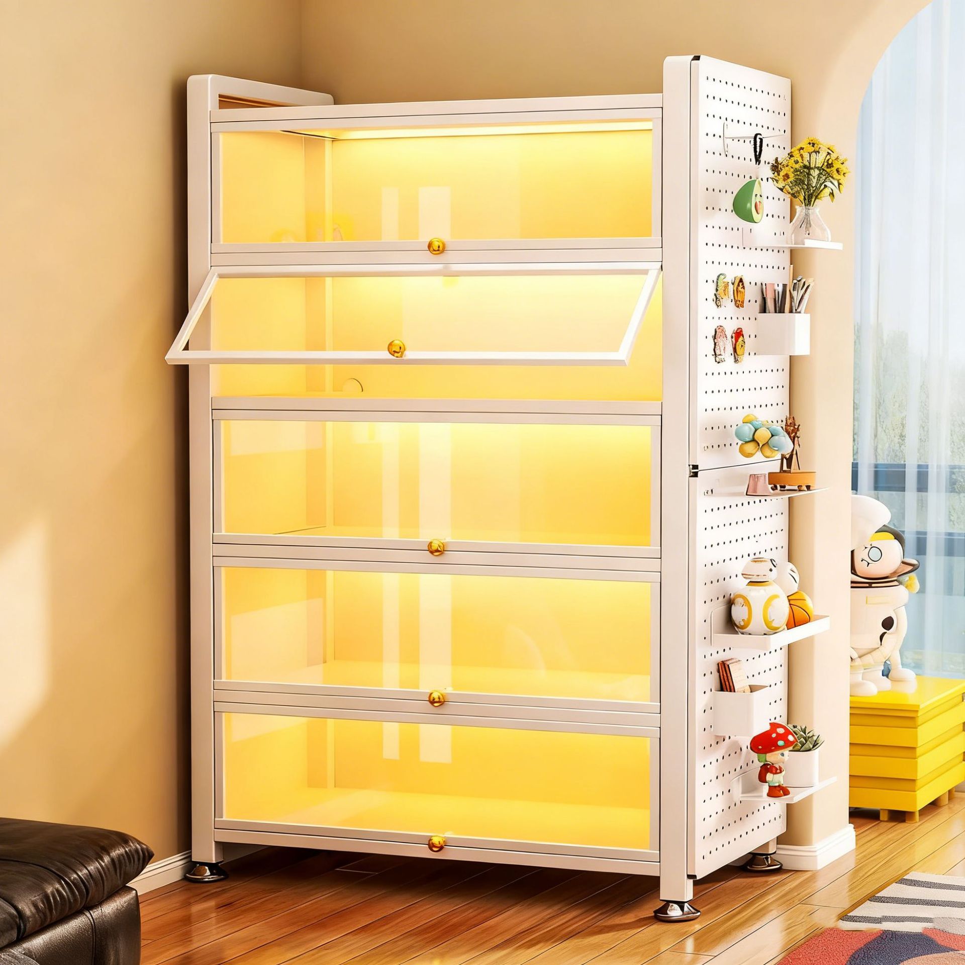 Household Steel Bookcase Display Cabinet with Door Dust-Proof Glass Hand-Made Cabinet Iron Cabinet Household Storage Storage Cabinet