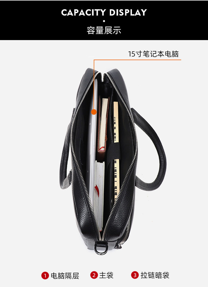 Túi xách tay nam da bò thật 39×9×29 cm đựng laptop 15 inch, túi công sở đeo chéo một vai — Màu đen chi tiết 7