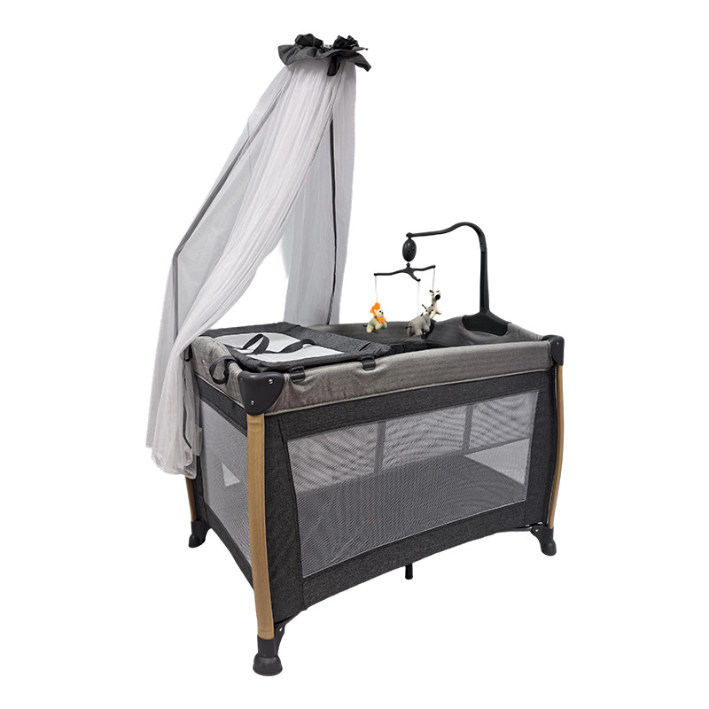 Cama de juegos para bebés pintada de madera con tela de malla transparente de alta densidad con tablero de lavado plegable para dormir cama protectora para bebés domésticos