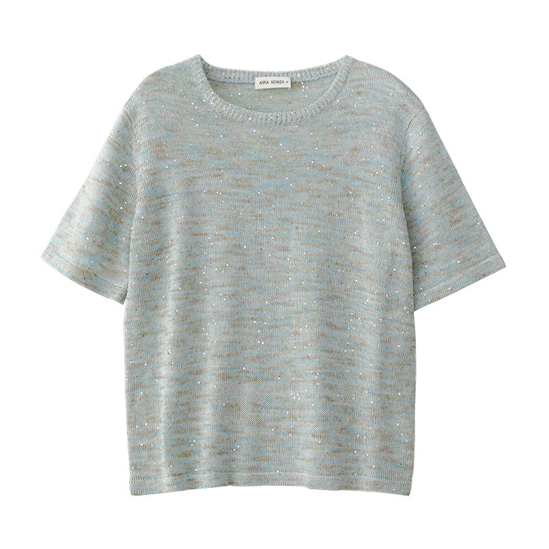 アンナ・ケンケン スターライト ハーバライフ スパンコール フラワー ガーゼ リネン コットン混 ラウンドネック 半袖 ニット Tシャツ|undefined