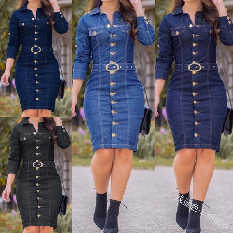 European and American Style Sexy Fashion Multi-Button Decorative Lapel Single-Breasted Long Slim Long-Sleeved Denim Goddess Dress