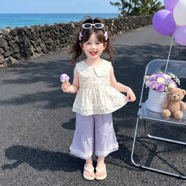 2026夏季儿童无袖碎花娃娃领衬衫小女孩花边阔腿裤两件清新甜美装