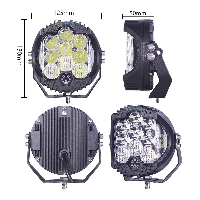 Luz de trabajo Wrangler de 7 pulgadas y 90W con iluminación de tres lados, luz LED todoterreno para automóvil con alto brillo, foco modificado.