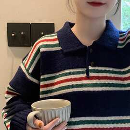 欧货100纯羊毛衫女士翻领条纹宽松加厚秋冬款慵懒风针织毛衣外穿