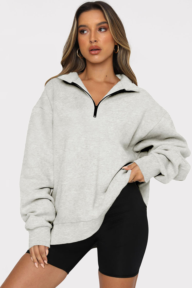 Zipper Collared Solid Color Loose Sweatshirt in Hoodies & Sweatshirts