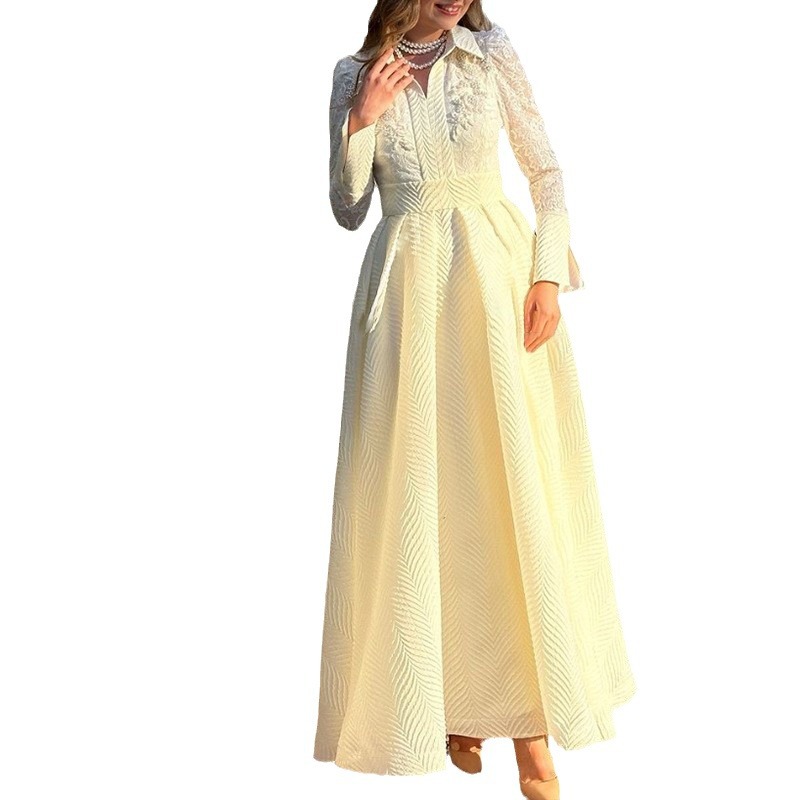 2025 nuevo cross-border Europa y América cuentas de pecho blanco flor de encaje gaza estilo francés retro manga larga vestido de moda delgado