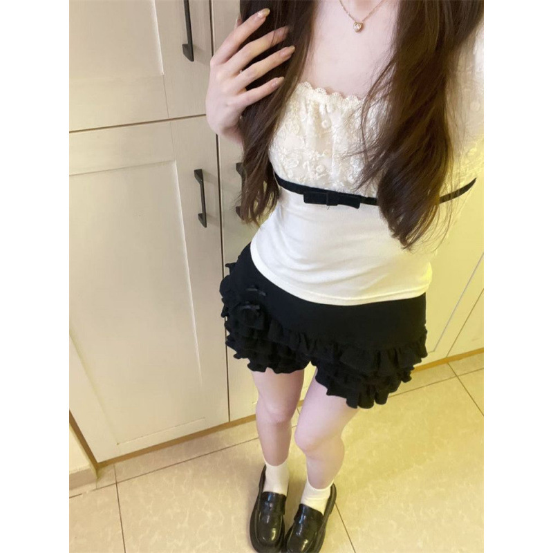 Korean-Style Lace Splicing Bow Short-Sleeve T-Shirt for Women, Summer Slim-Fit Puff Sleeve Square Neck Top