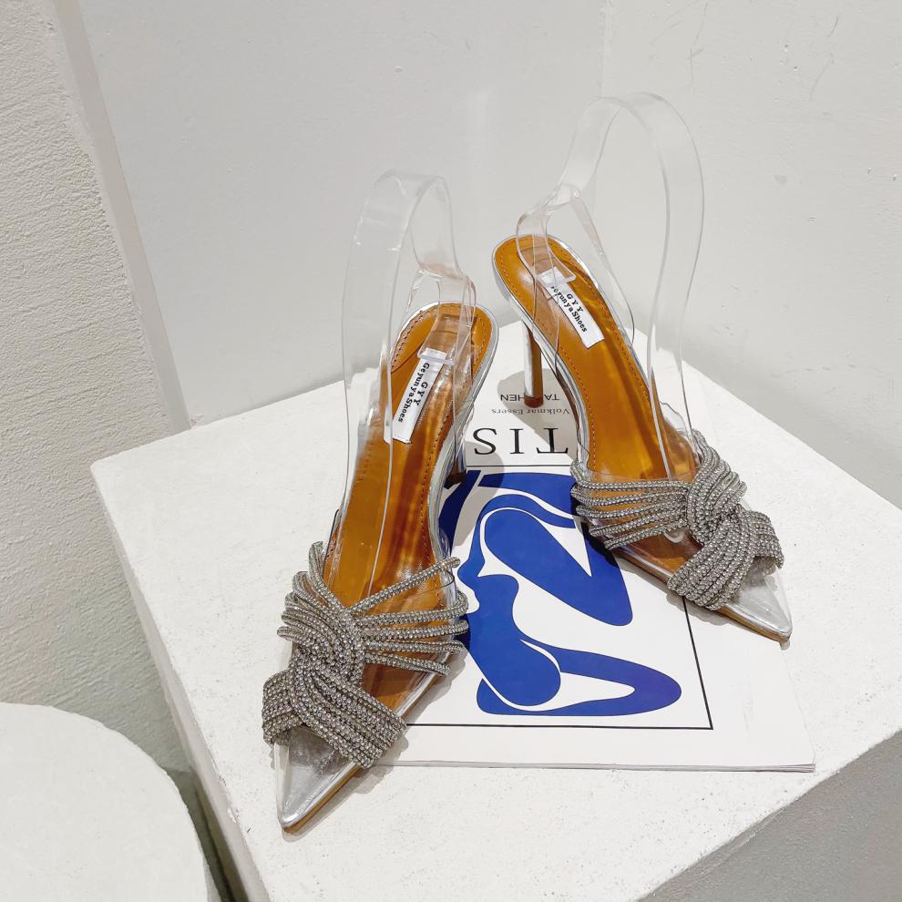 Scarpe da sposa estive con tacco a spillo alto e punta Baotou in cristallo trasparente stile diamante_voghion.com