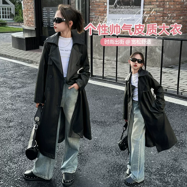Long polyurethane trench coat, for teenagers, autumn, western style