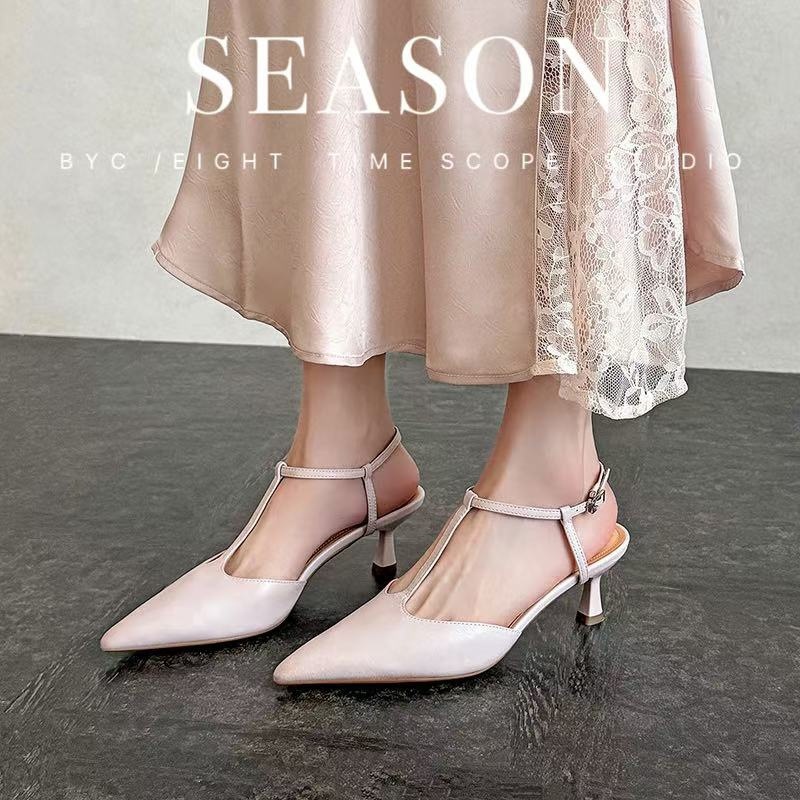 Sandal cao gót nữ mũi nhọn quai chữ T hở gót, da cừu, gót 5 cm — màu nâu chi tiết 1