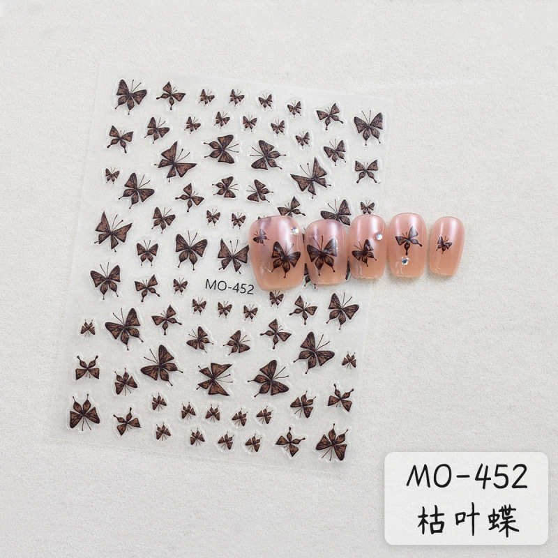 青い手描きの蝶のネイルシールの新しいレトロな白黒の枯叶の蝶の爪の装饰の商品の网の赤い爪のステッカー|undefined