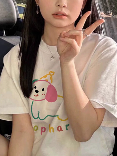 Summer Trend Fun Cartoon Cute Print Design Short Sleeve T-Shirt Loose Casual Versatile Base Shirt