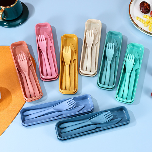 Set of Wheat Straw Tableware Knife, Fork, and Spoon Tri-Set, Student Camping Canteen Outdoor Travel Portable Storage Box