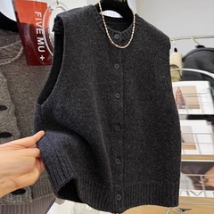 灰色针织马甲开衫女秋季日系复古叠穿圆领毛衣背心无袖上衣新款