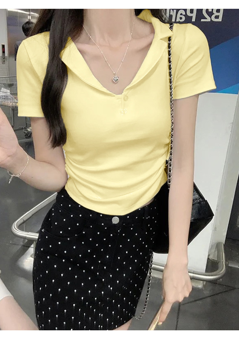 Cream Polo Collar Short Sleeve T-Shirt for Women