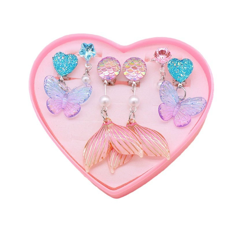 Children's ear clips, cartoon earrings, ring, set, no pierced ears