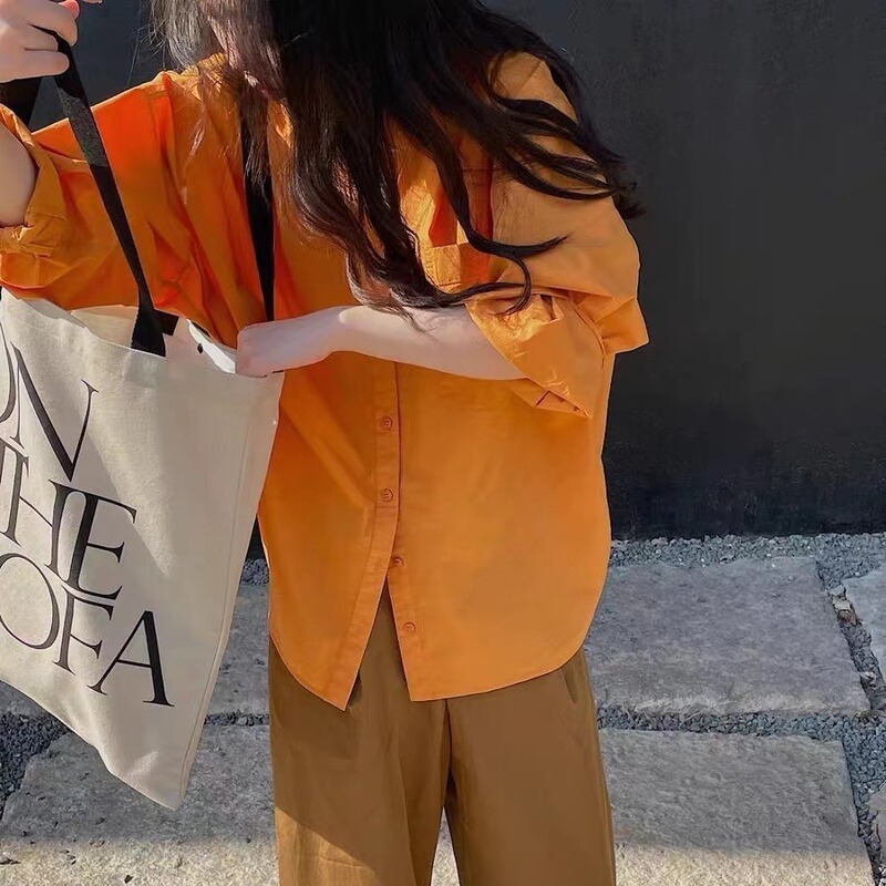 Japanese-Style High-Thread-Count Cotton Three-Dimensional Cut V-Neck Loose Silhouette Side-Slit Paper-Thin Long-Sleeve Shirt for Women