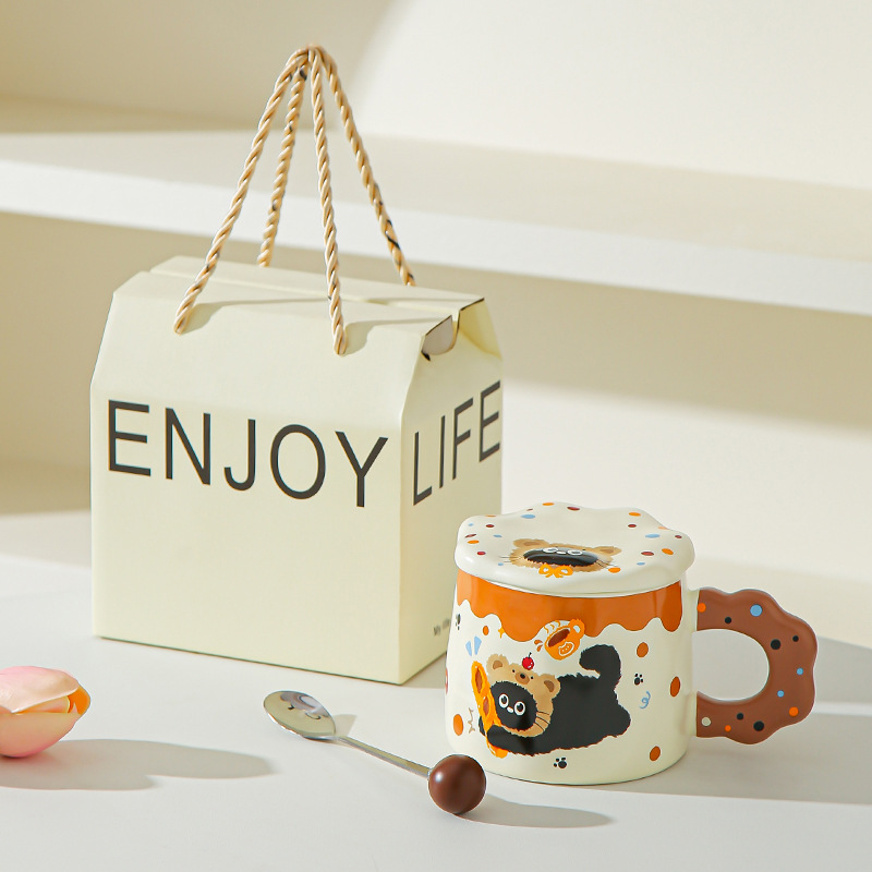 Con cubierta encantador conjunto de dibujos animados gato negro tazas de alto valor pareja tazas de cerámica tazas de agua marca regalo acompañante