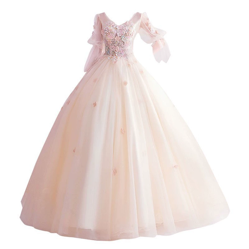 Long small princess costume, evening dress, European style, champagne color, flowered, tutu skirt