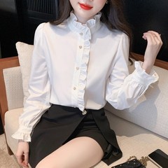 フレンチスタイル宮殿蓮の葉スタンドカラー2025シャツ春秋新作白シャツシックなトップボトムシャツ女性用