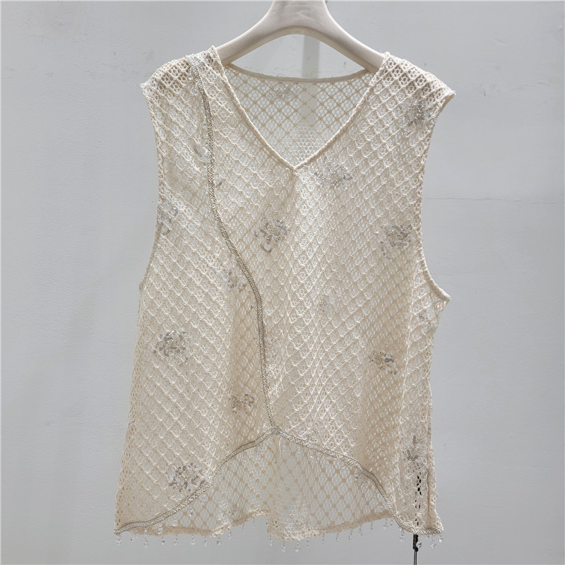 Temperamento exquisito chaleco bordado de viento chaleco elegante mujer cuello redondo sin mangas camiseta de encaje verano image 3
