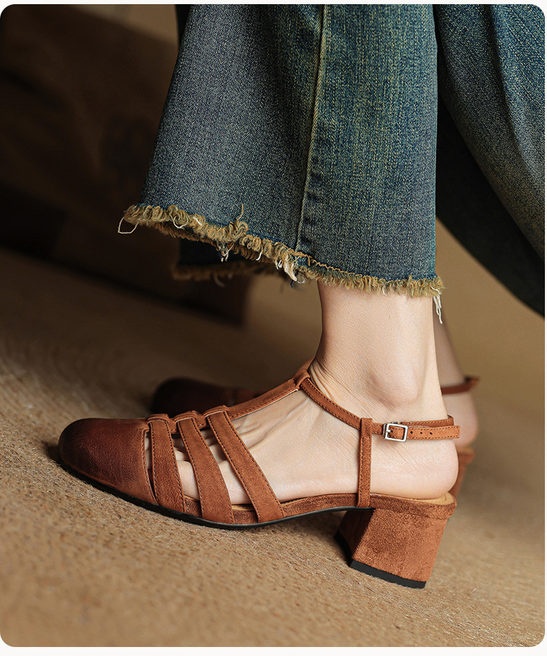 Sandal nữ da bò dệt rỗng mũi hở gót thô cao phong cách La Mã — màu nâu chi tiết 12
