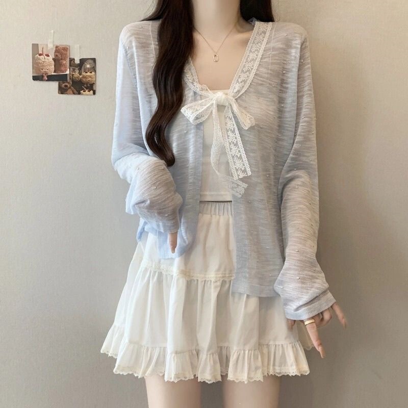 Trendy Lace Bow Tie Long-Sleeve Cardigan 2026 Summer Plus-Size Versatile New Knit Top