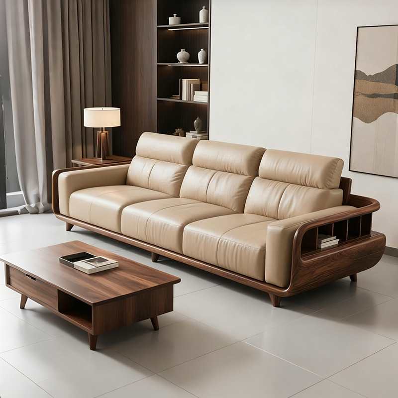 New Chinese Style Solid Wood Sofa Living Room Black Walnut Simple Design Three-Seat Leather Straight Sofa