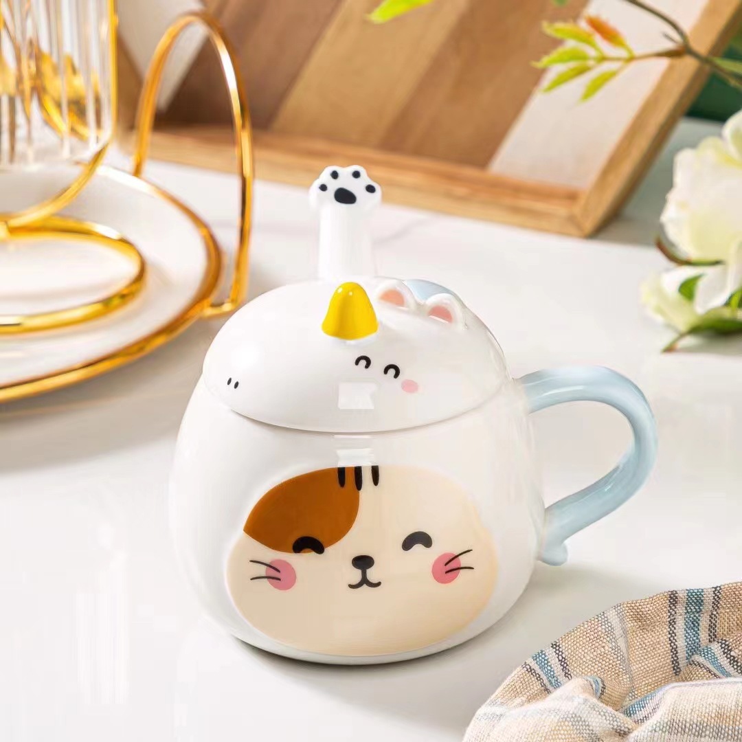 Creativo de dibujos animados lindo mordedura animal patrón de cerámica taza unicornio con tapa cuchara taza de café lindo mascota taza de agua
