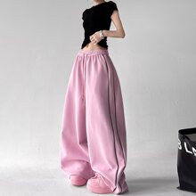 粉色阔腿裤女春秋季新款宽松显瘦抽绳运动裤垂感休闲慵懒风长裤子