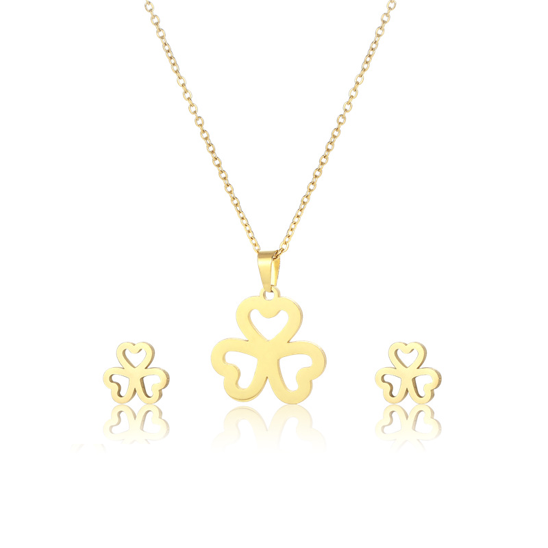 Fashion Clover Stainless Steel Necklace Stud Earrings Set