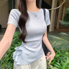 6750 # ギャル独特の半袖ニットtシャツ女性は夏に優しい風を着て腰がやせている