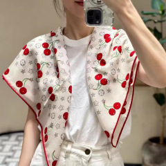 100%澳洲羊毛90老花樱桃方巾女春夏季娜娜同款高端轻奢丝巾