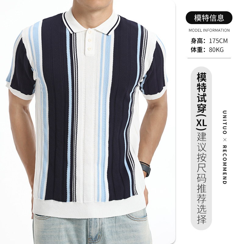 Hombres color contrastante rayas hielo jersey polo semia cremallera solapa manga corta negocios casual alta sensación chaqueta hombre