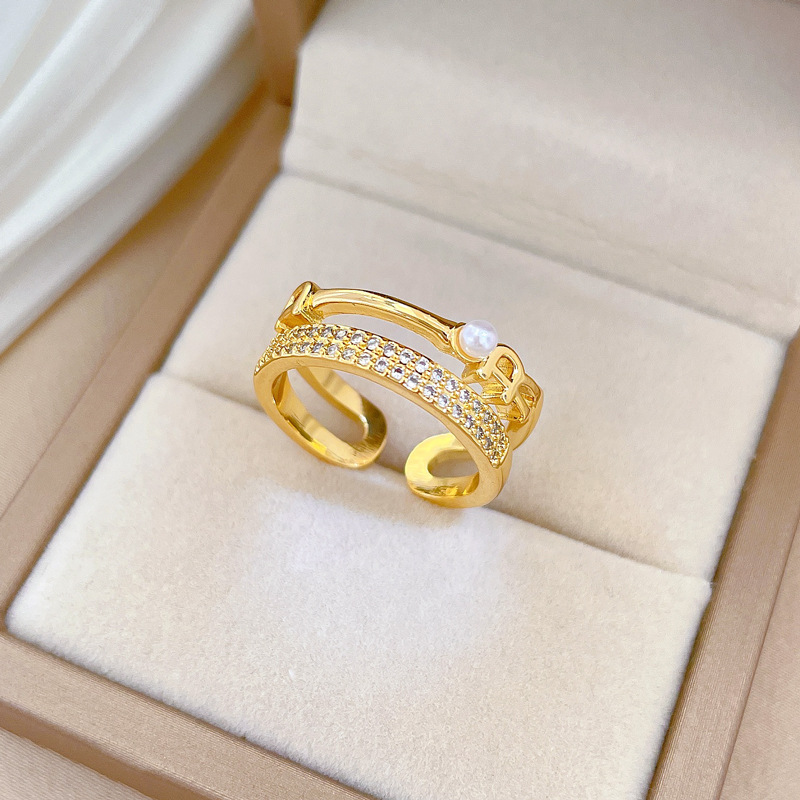 Doppelter Perlen- und Diamantring, verstellbar, schlichter japanischer Schmuckring, Partnerring_voghion.com